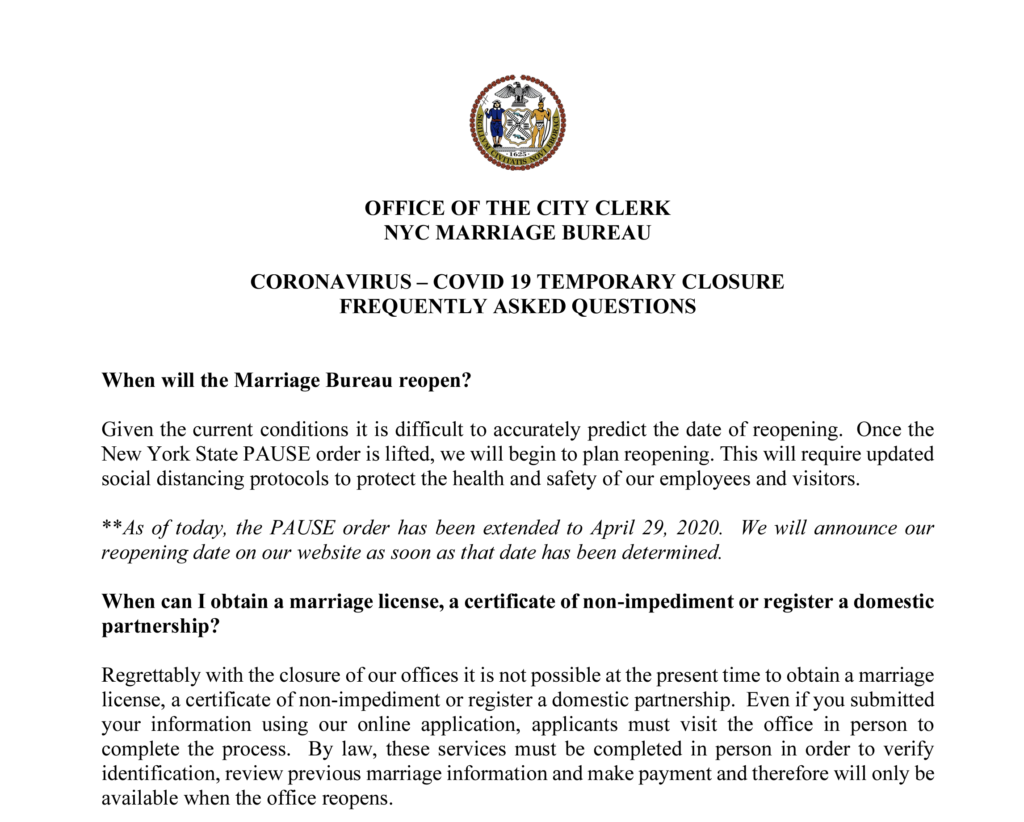 NYC Marriage Bureau Closed
