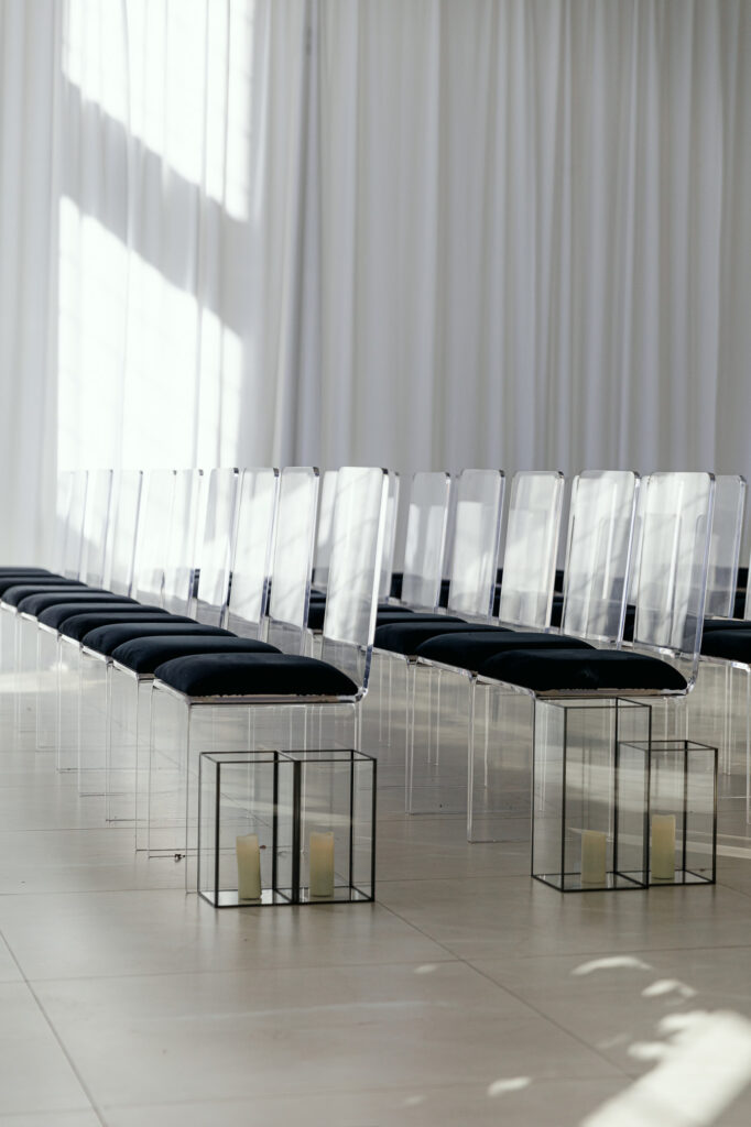 Modern clear and velvet chairs for a wedding  ceremony